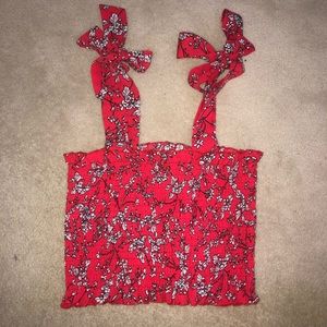 Red Floral Smocked Crop Top